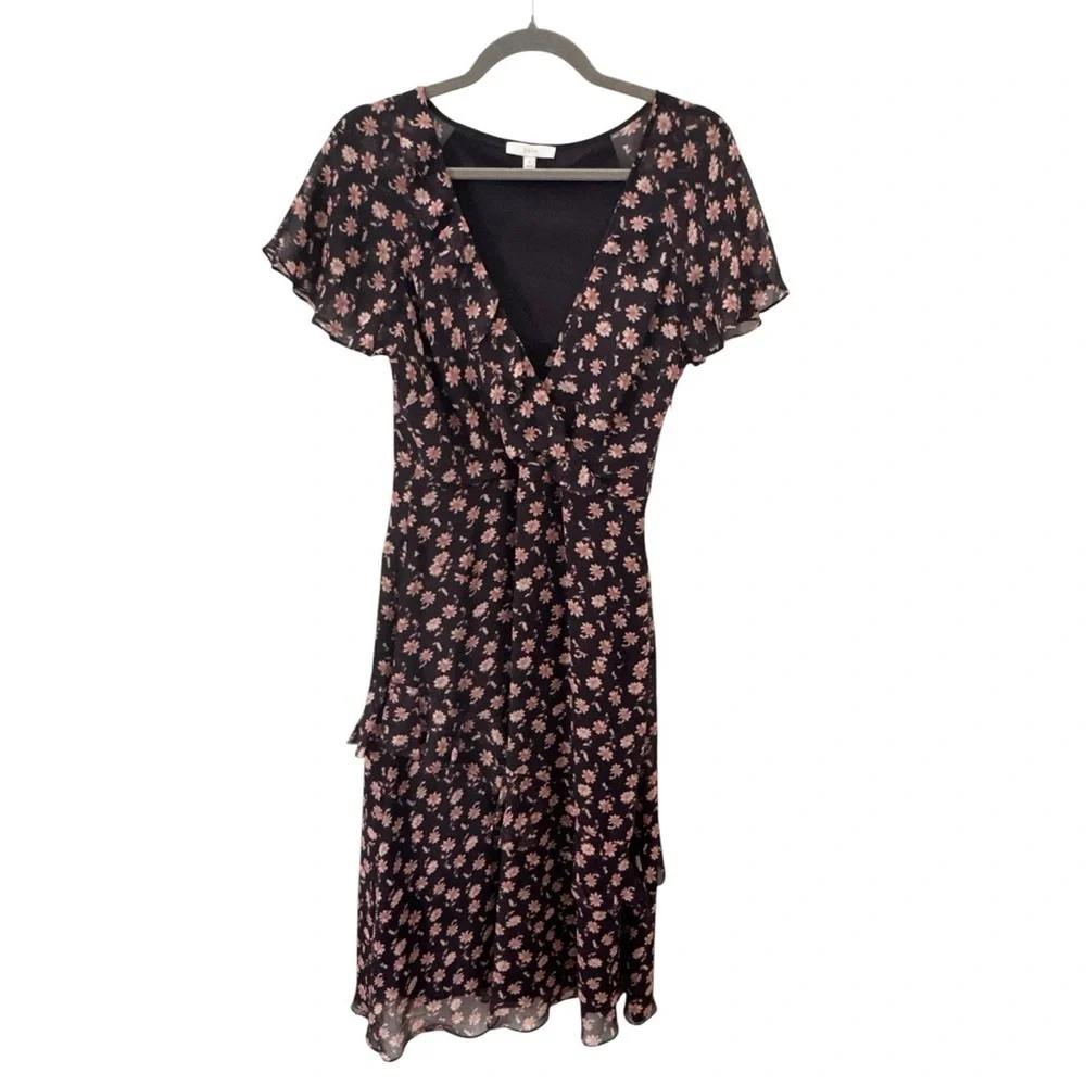 Joie 100% Silk Orita B Dress in "Midnight" Floral Black Pink Size 6 - Picture 5 of 15